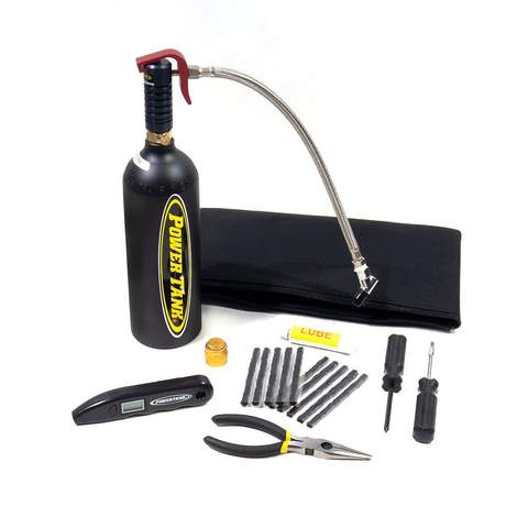 Power Tank CO2 Air Source tire repair kit. Matte Black 20 oz. Powershot bottle, power trigger regulator, mini tire plug kit, hose and chucksmall digital tire pressure gage, zipper storage bag
